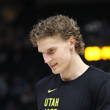 Mar 25, 2024; Salt Lake City, Utah, USA; Utah Jazz forward Lauri Markkanen warms up before the game against the Dallas Mavericks at Delta Center. Mandatory Credit: Rob Gray-USA TODAY Sports