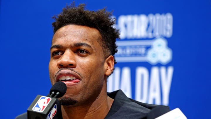 Feb 16, 2019; Charlotte, NC, USA; Sacramento Kings guard Buddy Hield speaks during the NBA All-Star Media Day at Bojangles Coliseum. Mandatory Credit: Jeremy Brevard-USA TODAY Sports