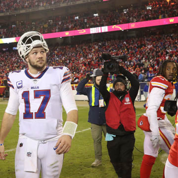 Bills quarterback Josh Allen heads off the field after a 42-36 overtime loss to the Chiefs knocked them out of the playoffs.