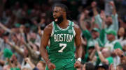 Jun 17, 2024; Boston, Massachusetts, USA; Boston Celtics guard Jaylen Brown (7) reacts after a play against the Dallas Mavericks during the second quarter in game five of the 2024 NBA Finals at TD Garden. Mandatory Credit: Peter Casey-USA TODAY Sports