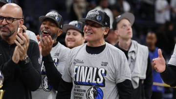 May 30, 2024; Minneapolis, Minnesota, USA; Dallas Mavericks minority owner Mark Cuban (right) celebrates with head coach Jason Kidd after winning the Western Confrerence Championship against the Minnesota Timberwolves in game five of the western conference finals for the 2024 NBA playoffs at Target Center. Mandatory Credit: Jesse Johnson-USA TODAY Sports