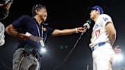 Sep 11, 2024; Los Angeles, California, USA;  Los Angeles Dodgers designated hitter Shohei Ohtani (17) talks at post game interview after defeating the Chicago Cubs 10-8 at Dodger Stadium.