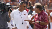 Sep 10, 2022; Austin, Texas, USA; Texas Longhorns head coach Steve Sarkisian talks with Alabama Crimson Tide head coach Nick Saban before the game at Darrell K Royal-Texas Memorial Stadium. Mandatory Credit: Scott Wachter-USA TODAY Sports