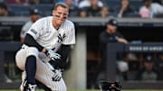 Jun 6, 2024; Bronx, New York, USA; New York Yankees first baseman Anthony Rizzo reacts after being hit by a foul ball.