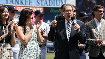 Apr 20, 2024; Bronx, New York, USA; Longtime Yankee announcer John Sterling is honored during a pregame ceremony in recognition of his retirement before a game against the Toronto Blue Jays at Yankee Stadium. Mandatory Credit: John Jones-Imagn Images