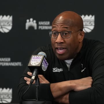 Mar 10, 2024; Sacramento, California, USA; Sacramento Kings head coach Mike Brown talks to media members before the game against the Houston Rockets at Golden 1 Center. Mandatory Credit: Darren Yamashita-USA TODAY Sports