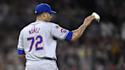 Aug 24, 2024; San Diego, California, USA; New York Mets relief pitcher Dedniel Nunez (72) tosses the rosin bag during the eighth inning against the San Diego Padres at Petco Park. Mandatory Credit: Orlando Ramirez-Imagn Images