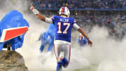 Dec 17, 2023; Orchard Park, New York, USA; Buffalo Bills quarterback Josh Allen (17) takes the field before the game against the Dallas Cowboys at Highmark Stadium. Mandatory Credit: Mark Konezny-USA TODAY Sports