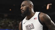 Jul 10, 2024; Las Vegas, Nevada, USA; USA forward LeBron James (6) looks on during the third quarter against Canada in the USA Basketball Showcase at T-Mobile Arena. 