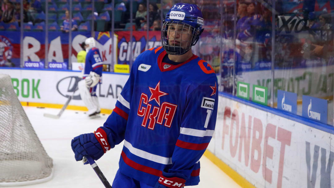 SKA Hockey Club player, Ivan Demidov (11) seen in action...