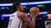 Apr 12, 2024; New York, New York, USA; Brooklyn Nets forward Noah Clowney (21) shoots the ball against the New York Knicks during the first quarter at Madison Square Garden. Mandatory Credit: Vincent Carchietta-USA TODAY Sports