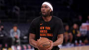 May 19, 2024; New York, New York, USA; New York Knicks forward Precious Achiuwa (5) warms up before game seven of the second round of the 2024 NBA playoffs against the Indiana Pacers at Madison Square Garden. Mandatory Credit: Brad Penner-USA TODAY Sports