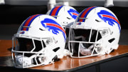 Oct 22, 2023; Foxborough, Massachusetts, USA;  Buffalo Bills helmets seen by the bench prior to a game against the New England Patriots at Gillette Stadium. Mandatory Credit: Bob DeChiara-USA TODAY Sports