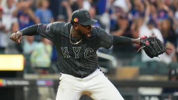 Aug 17, 2024; New York City, New York, USA; New York Mets pitcher Luis Severino (40) celebrates after pitching a shutout against the Miami Marlins at Citi Field. Mandatory Credit: Lucas Boland-USA TODAY Sports