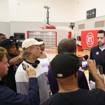 Jun 28, 2024; Atlanta, Georgia, USA; Atlanta Hawks general manager Landry Fields talks to the media at the Emory Sports Medicine Complex. Mandatory Credit: Brett Davis-USA TODAY Sports