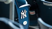 Jul 12, 2020; Bronx, New York, United States; A view of the  New York Yankees logo and seat number of an empty seat during a simulated game during summer camp workouts at Yankee Stadium. Mandatory Credit: Vincent Carchietta-Imagn Images