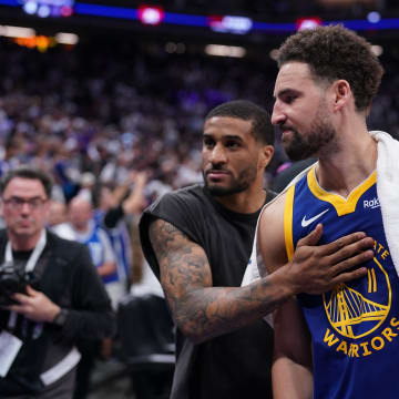 Apr 16, 2024; Sacramento, California, USA; Golden State Warriors guard Klay Thompson (11) and guard Gary Payton II (0) walk towards the locker room after the Warriors lost to the Sacramento Kings during a play-in game of the 2024 NBA playoffs at the Golden 1 Center. Mandatory Credit: Cary Edmondson-USA TODAY Sports