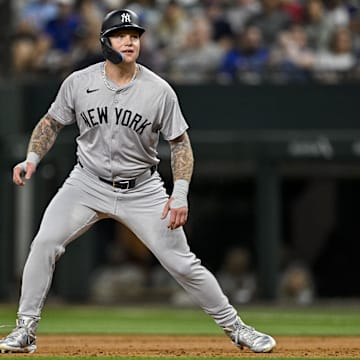 Sep 2, 2024; Arlington, Texas, USA; New York Yankees left fielder Alex Verdugo (24) in action during the game between the Texas Rangers and the New York Yankees at Globe Life Field. Mandatory Credit: Jerome Miron-Imagn Images