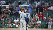 Sep 13, 2024; Atlanta, Georgia, USA; Los Angeles Dodgers first baseman Freddie Freeman (5) acknowledges the crowd before an at bat against the Atlanta Braves in the first inning at Truist Park. Mandatory Credit: Brett Davis-Imagn Images