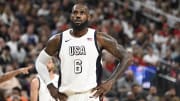 Jul 10, 2024; Las Vegas, Nevada, USA; USA forward Lebron James (6) looks on during the third quarter against Canada in the USA Basketball Showcase at T-Mobile Arena. Mandatory Credit: Candice Ward-USA TODAY Sports