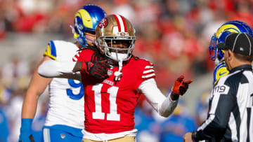 San Francisco 49ers wide receiver Brandon Aiyuk (11) celebrates after a play against the Los Angeles Rams.