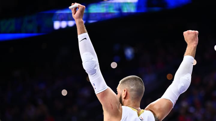 Mar 8, 2024; Philadelphia, Pennsylvania, USA; New Orleans Pelicans center Jonas Valanciunas (17) reacts against the Philadelphia 76ers in the second quarter at Wells Fargo Center. Mandatory Credit: Kyle Ross-USA TODAY Sports