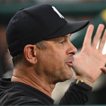 Aug 27, 2024; Washington, District of Columbia, USA; New York Yankees manager Aaron Boone (17) gestures in the dugout against the Washington Nationals during the fourth inning at Nationals Park. Mandatory Credit: Rafael Suanes-USA TODAY Sports