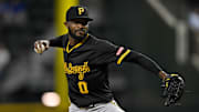 Pittsburgh Pirates starting pitcher Domingo German (0) pitches against the Texas Rangers during the game at Globe Life Field on Aug 21.