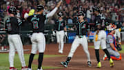 Aug 28, 2024; Phoenix, Arizona, USA; Arizona Diamondbacks outfielder Corbin Carroll (7) celebrates after hitting a grand slam home run against the New York Mets during the eighth inning at Chase Field. Mandatory Credit: Joe Camporeale-Imagn Images