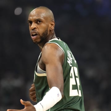 Apr 30, 2024; Milwaukee, Wisconsin, USA;  Milwaukee Bucks forward Khris Middleton (22) reacts to a call during the first quarter against the Indiana Pacers during game five of the first round for the 2024 NBA playoffs at Fiserv Forum. Mandatory Credit: Jeff Hanisch-USA TODAY Sports