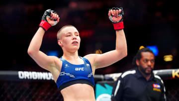 Jul 13, 2024; Denver, Colorado, USA; Rose Namajunas celebrates after defeating Tracy Cortez during UFC Fight Night at Ball Arena. Credit: Ron Chenoy-USA TODAY Sports