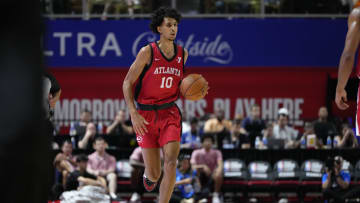 Jul 12, 2024; Las Vegas, NV, USA;  Atlanta Hawks forward Zaccharie Risacher (10) dribbles the ball against the Washington Wizards  during the first half at Thomas & Mack Center. Mandatory Credit: Lucas Peltier-USA TODAY Sports