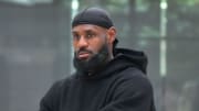 Jul 2, 2024; El Segundo, CA, USA; Los Angeles Lakers forward LeBron James watches at a press conference at the UCLA Health Training Center. Mandatory Credit: Kirby Lee-USA TODAY Sports