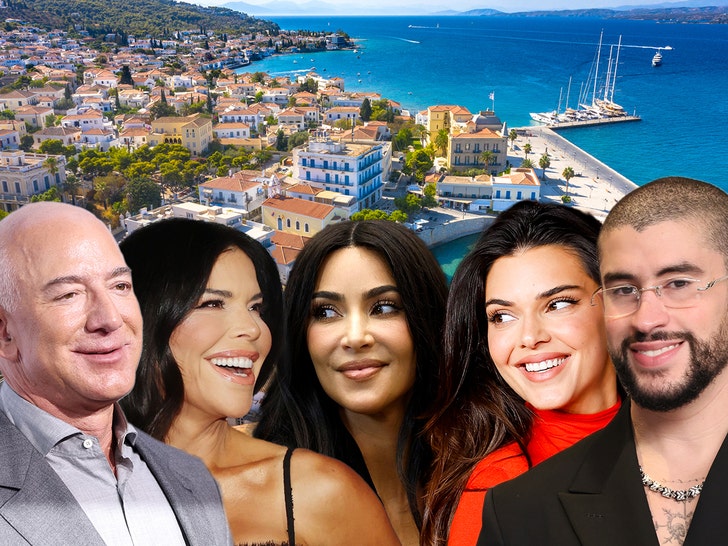 jeff bezos lauren sanchez kim k kendall jenner bad bunny Spetes Greece