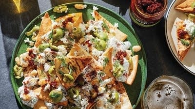 Sheet Pan Mediterranean Nachos (With Feta + Olives)