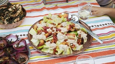 Grilled Peaches With Almond Tahini and Charred Endive