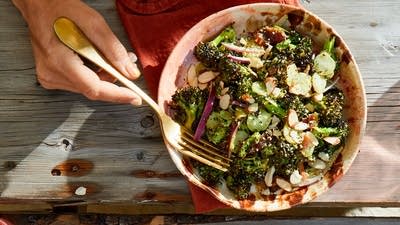 Charred Broccoli Salad with Almonds and Spicy Green Goddess