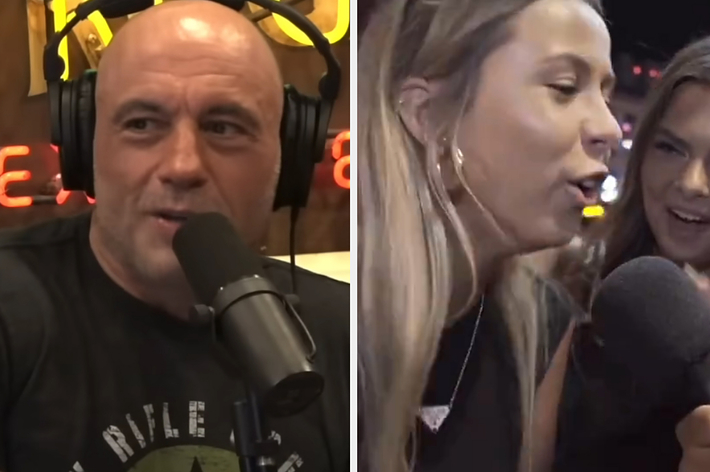 Joe Rogan wearing a headset, speaking into a microphone. Beside him, two women are talking into a microphone on a busy street