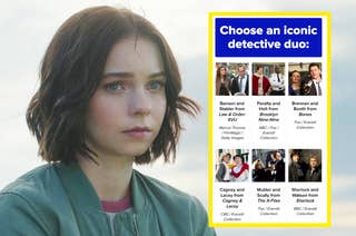 A person with short hair wearing a jacket. To the right, a poll asks people to choose an iconic detective duo, with options like Benson and Stabler, Peralta and Holt, and others