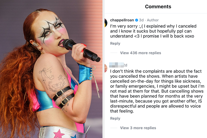 Chappell Roan performing on stage in a star-themed outfit. They apologized for canceling shows in an Instagram comment screenshot, which received mixed reactions from fans