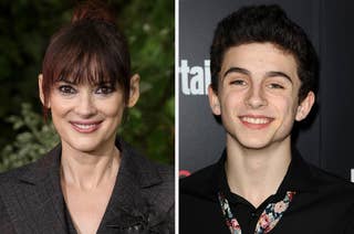 Winona Ryder in a blazer with floral accessory and Timothée Chalamet in a floral tie smiling at camera. Side-by-side images