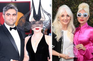 Ash and Lady Gaga on red carpet in a unique headpiece and black gown; Lady Gaga and Cynthia Germanotta in pink outfit with white sunglasses holding an award