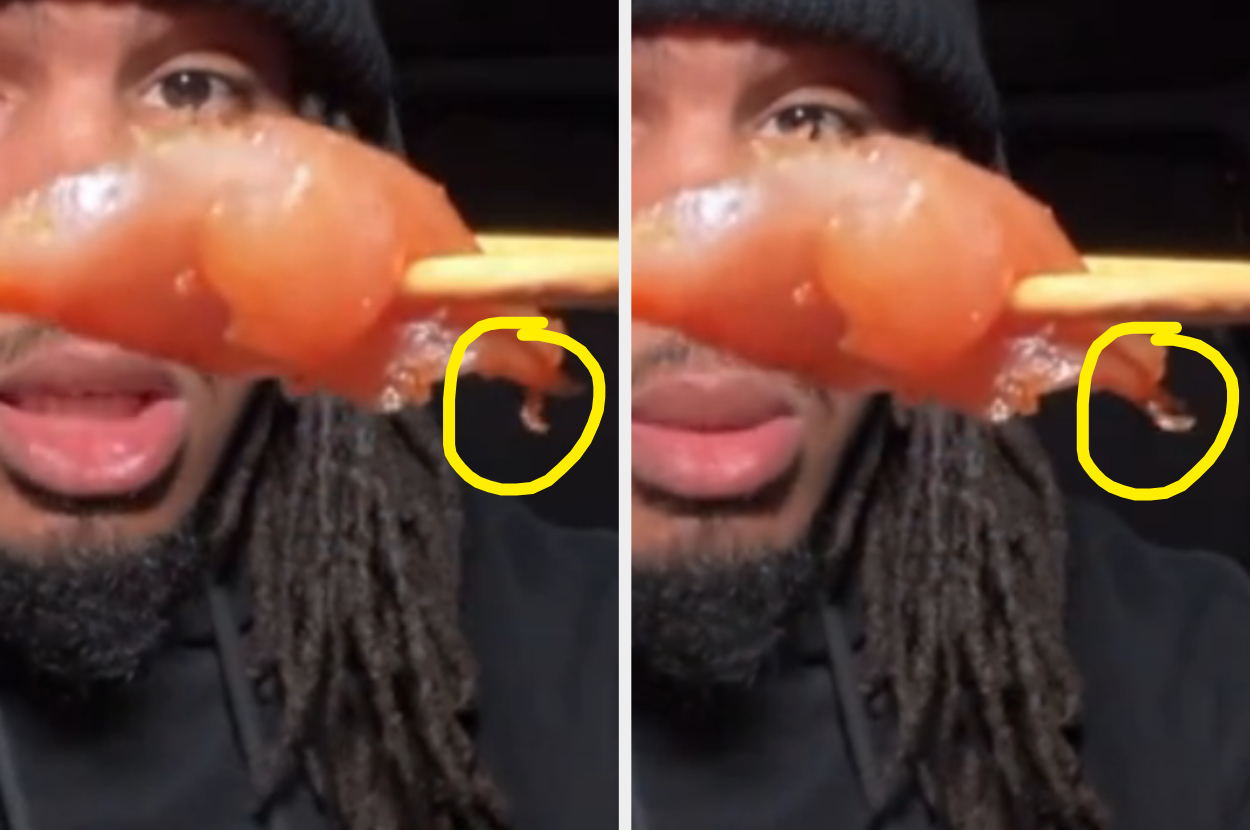 Close-up of Keith Lee holding sushi; a small moving piece is circled