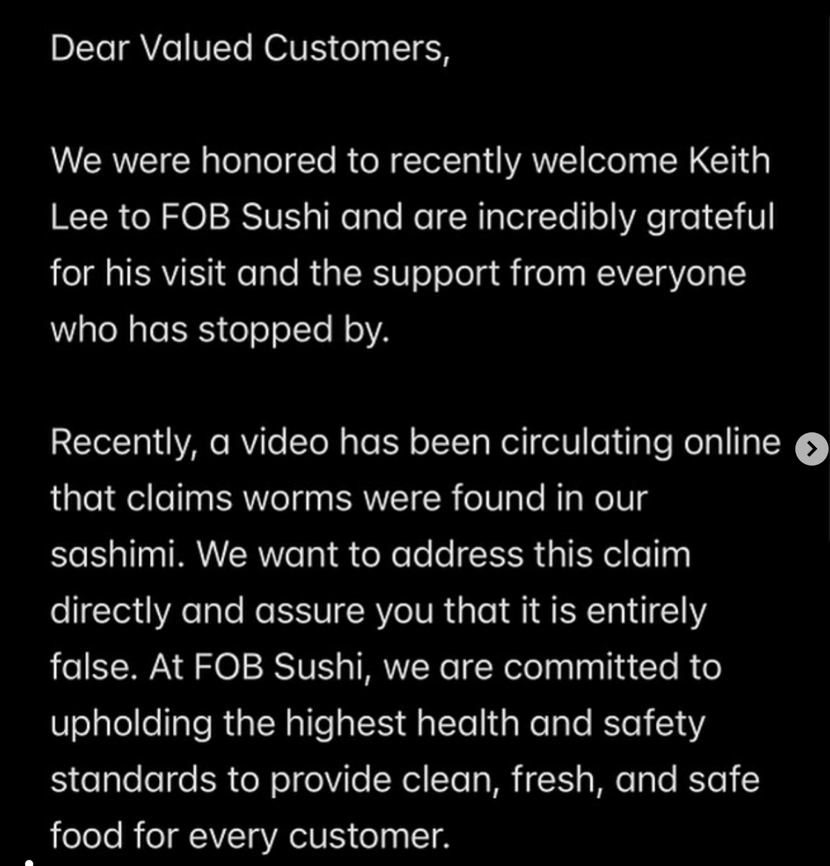 Restaurant statement addressing false claim about worms in sashimi, emphasizing commitment to health standards and welcoming recent visit from Keith Lee