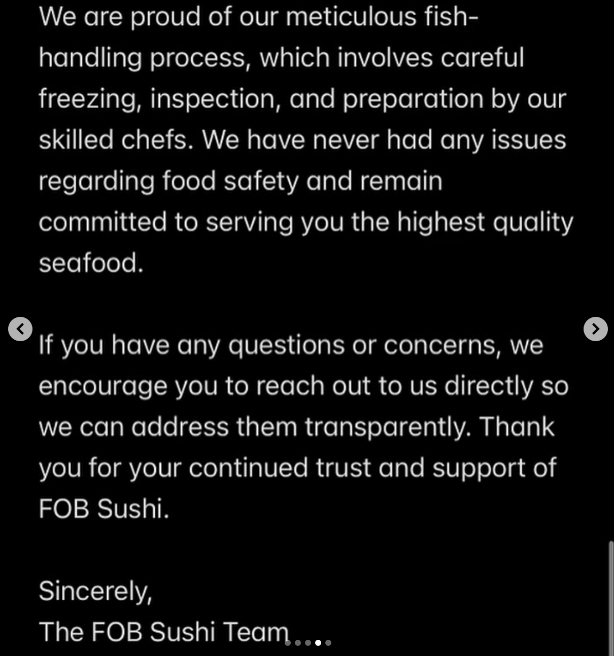 Summary of text: FOB Sushi ensures food safety through careful processing and invites customers to contact them with questions or concerns