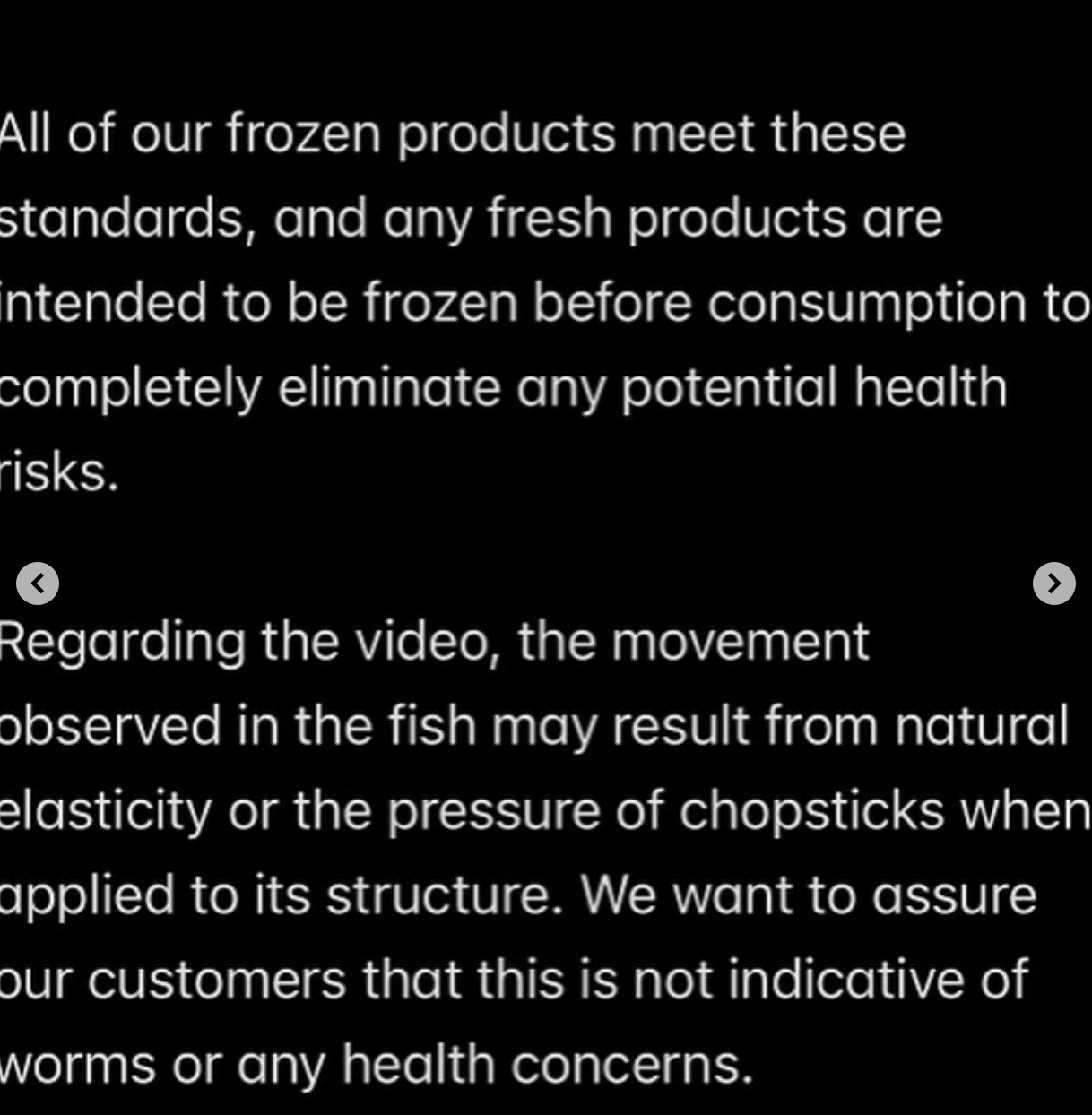 Text summarizes that frozen products meet standards, and movement in fish may be due to elasticity, not worms or health concerns