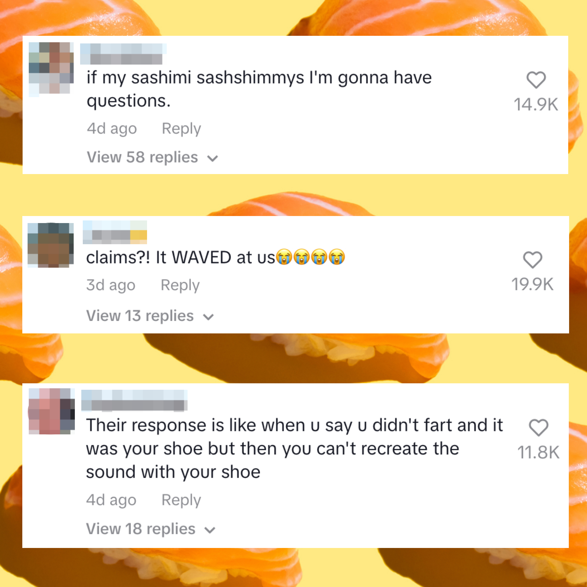 a yellow background with pieces of salmon nigiri; comments are overlayed that imply they don&#x27;t believe FOB Sushi&#x27;s statement