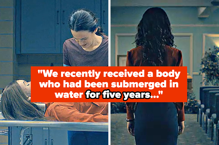 Split image: Left shows two people, one lying down in a clinical setting. Right shows a person walking in a formal hallway. Text: "We recently received a body submerged in water for five years..."