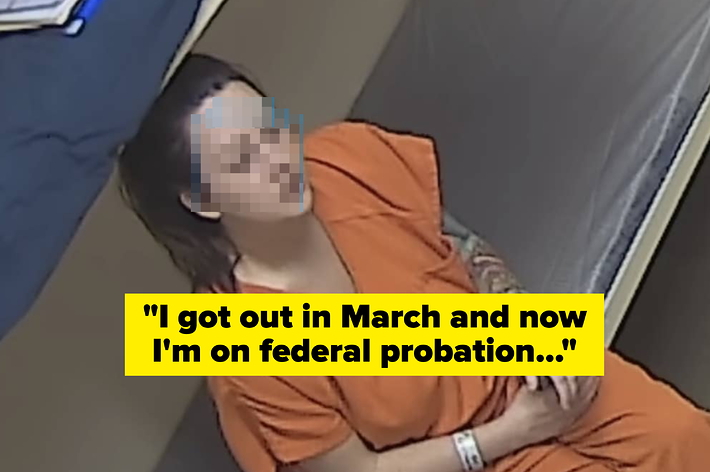 Woman in orange prison uniform sits on a bed. Text says: "I got out in March and now I'm on federal probation..."