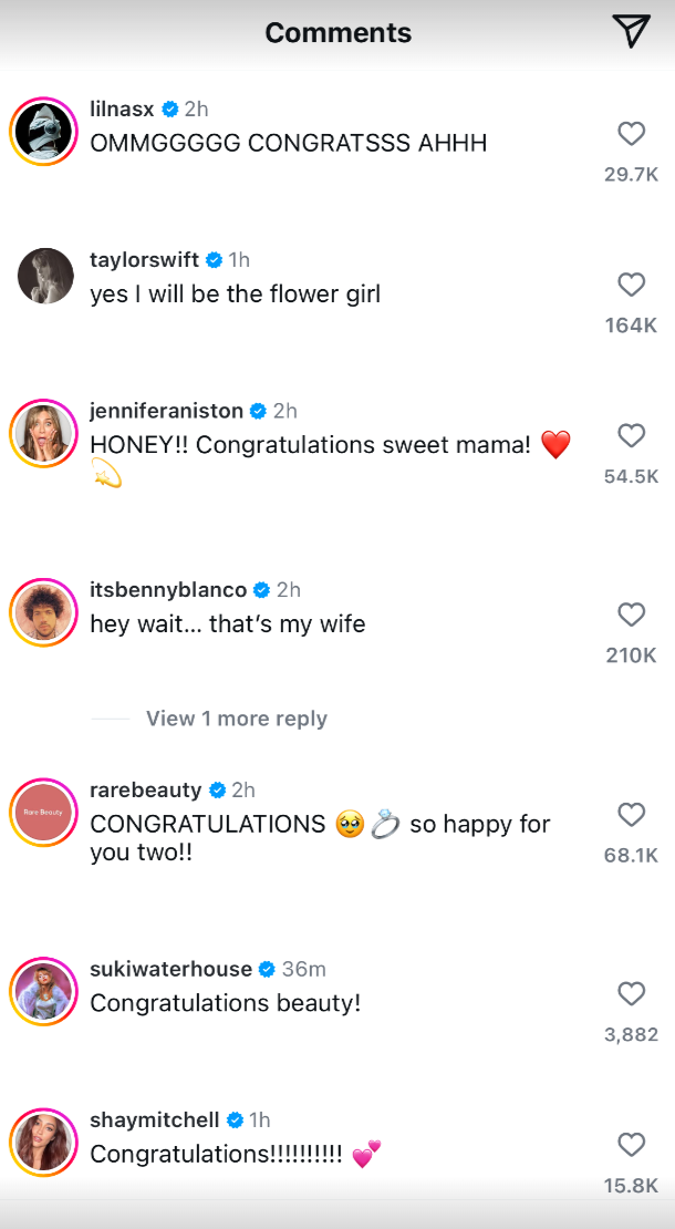 Instagram comments congratulating Selena&#x27;s engagement to Benny